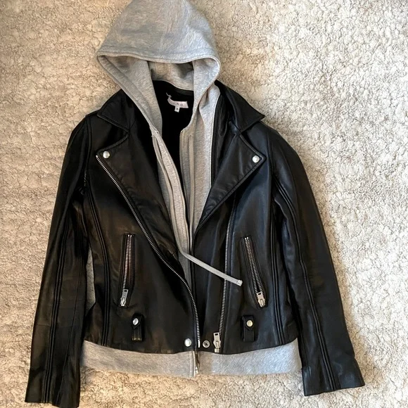 Leather IRO motor jacket with removable hoodie.